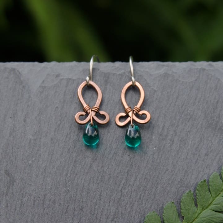 Cute small copper drop earrings with teal glass beads by Oruki Design