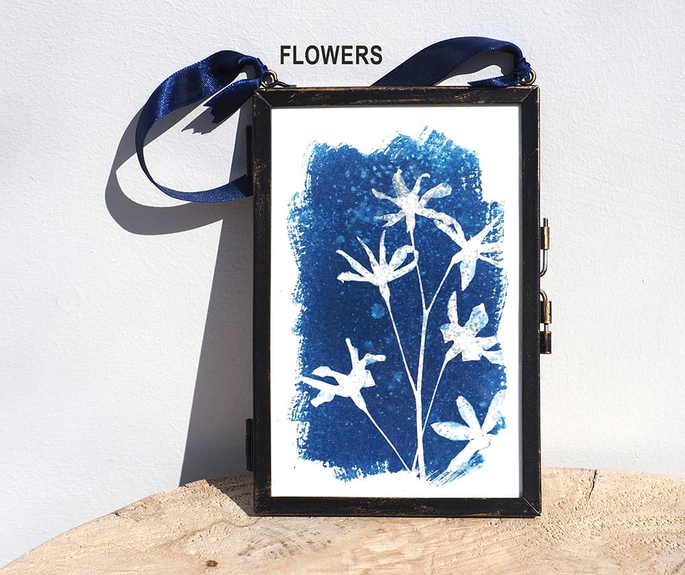 Original flowers cyanotype flowers in metal hanging frame