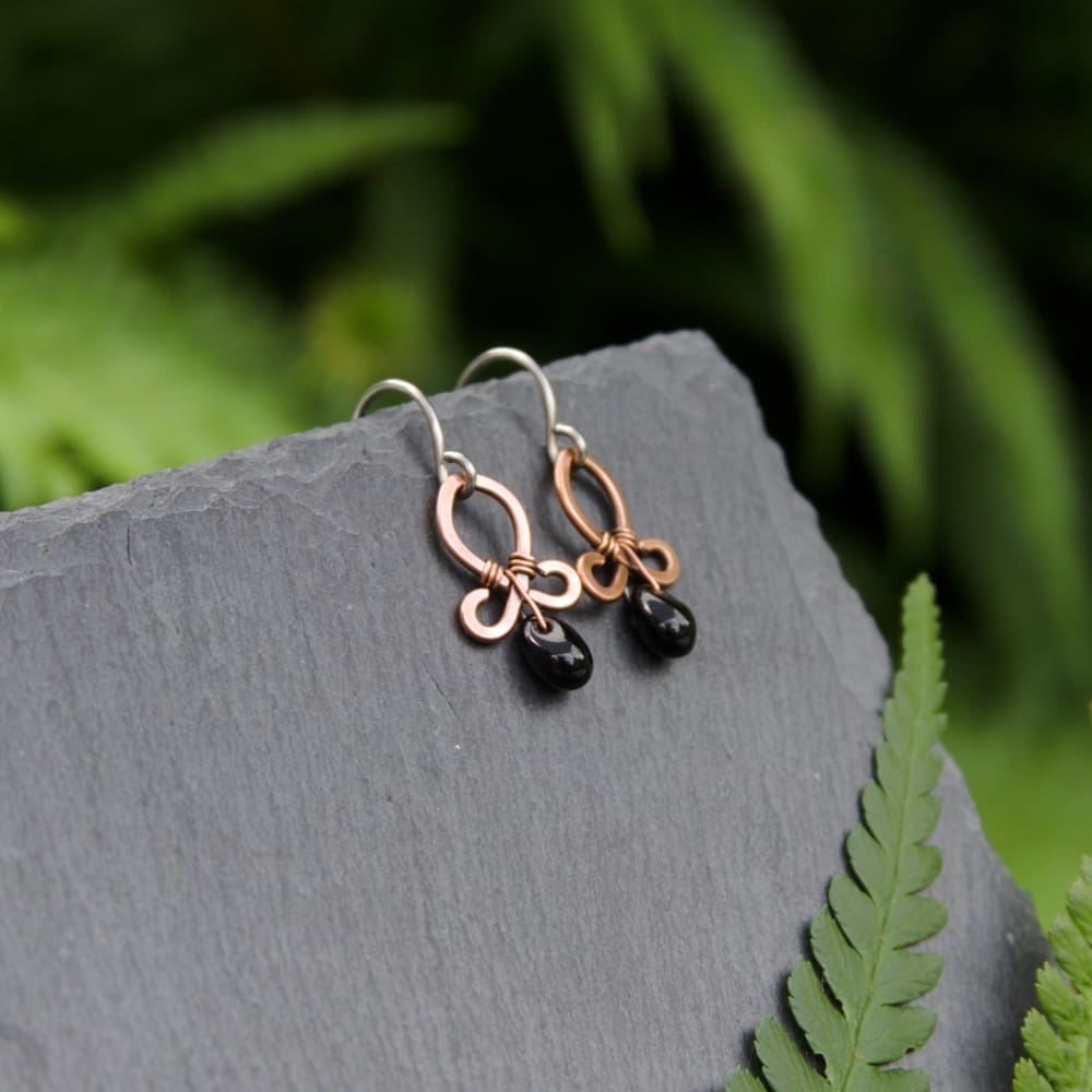 Dinky copper drop earrings with black glass beads