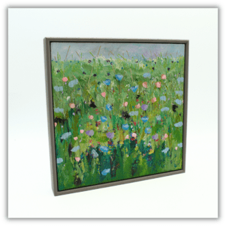 A framed original painting of a field of wildflowers. 22 x 22 x 3cms.