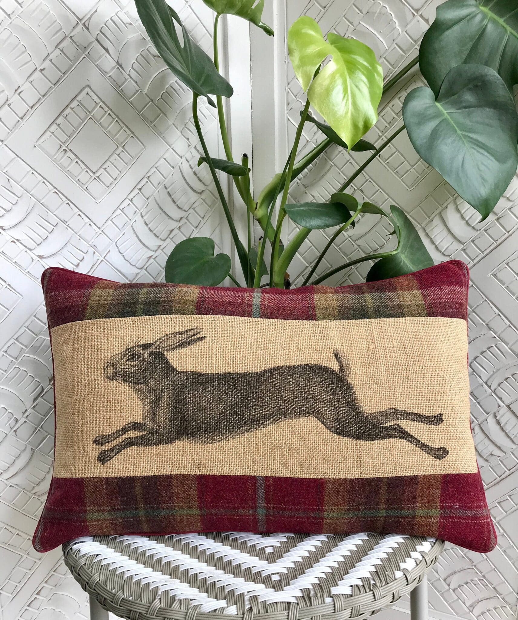 Tartan Hare bolster cushion cover, Hare rustic burlap and plaid pillow ...