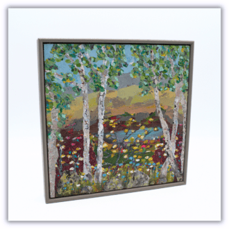 A framed original painting featuring silver birch trees. 21.5 x 21.5 x 3cms.