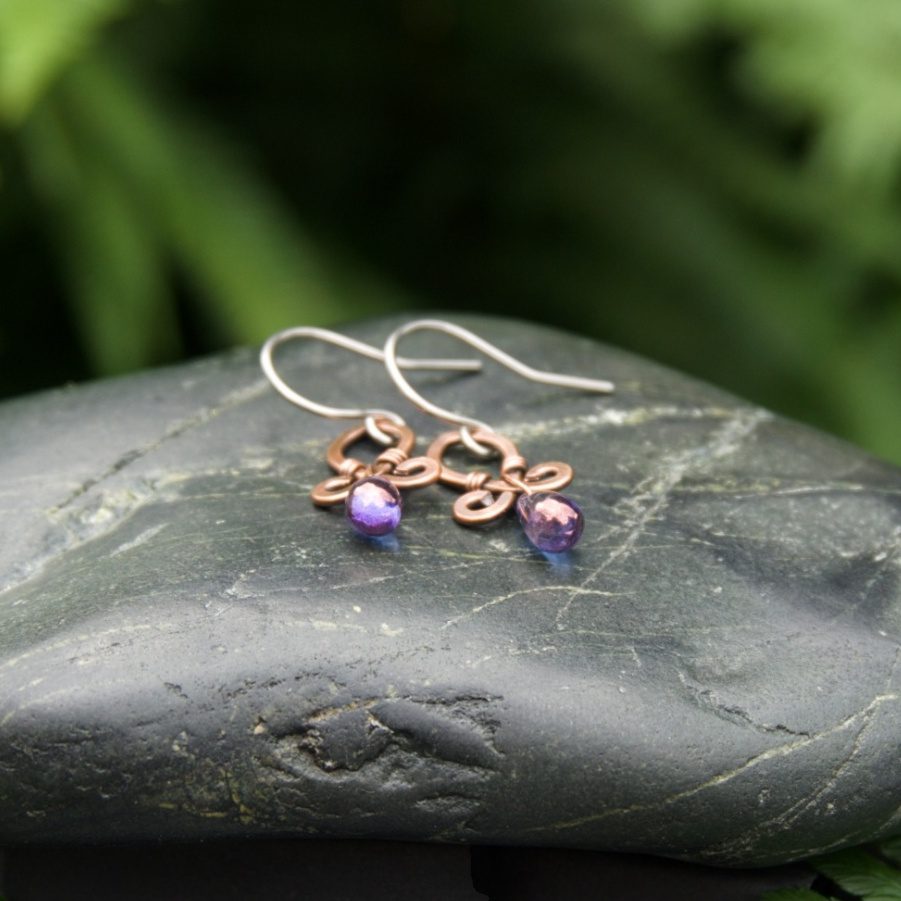 Copper earrings with purple blue glass beads by Oruki Design