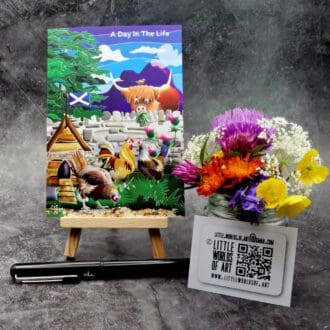 Image showing an A6 size greetings card, blank inside, on a small easel. Artwork depicts a colourful, gently humorous scene of "a day in the life" of some farm animals with Assynt's Suilven in the background.