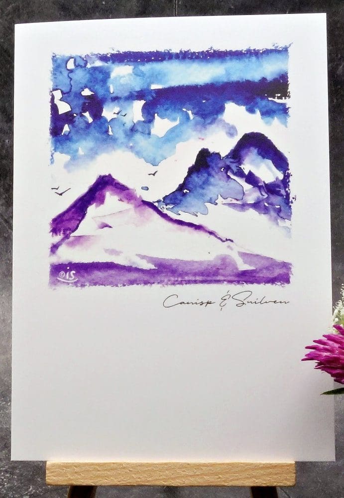 Larger image showing an A6 size greetings card, blank inside, on a small easel displaying a view of Canisp & Suilven