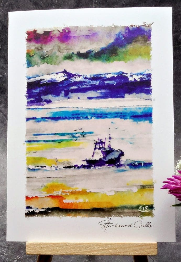 Larger image showing an A6 size greetings card, blank inside, on a small easel displaying a fishing boat out on the sound followed by gulls.