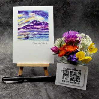 Image showing an A6 size greetings card, blank inside, on a small easel displaying a view of from Sleat (Tarskavaig roughly!) to The Cuillins (Sggur Alasdair...roughly!)