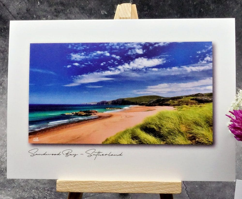 Larger image of the same greetings card displaying a colourful picture of Sandwood Bay in Sutherland looking North.