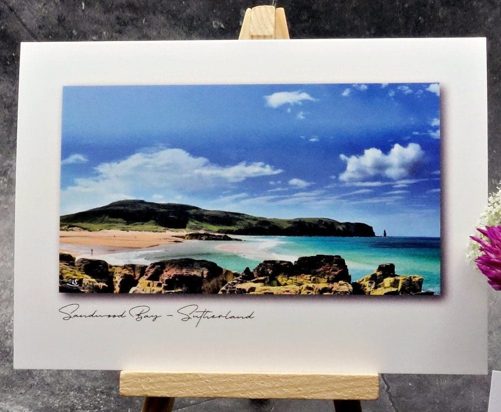 Larger image of the same greetings card displaying a colourful picture of Sandwood Bay in Sutherland looking South.