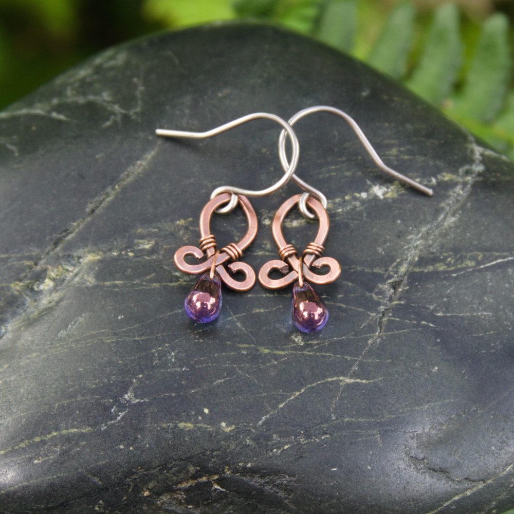 Copper dangle earrings with purple glass beads by Oruki Design