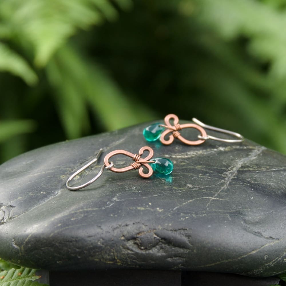 Small handmade copper and teal earrings by Oruki Design