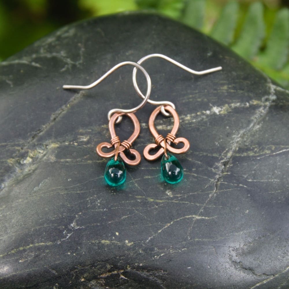 Small handmade copper earrings with teal beads by Oruki Design