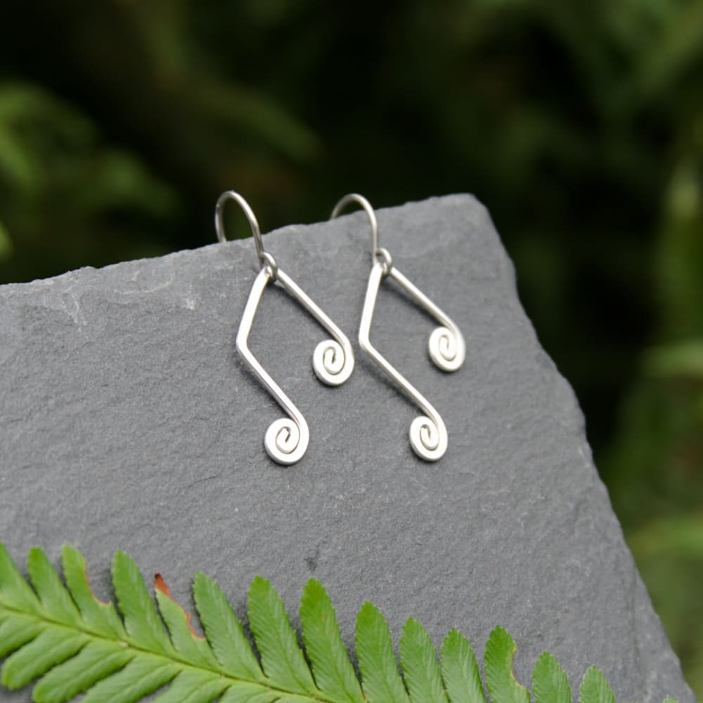 Handmade sterling silver double beam note drop earrings by Oruki Design