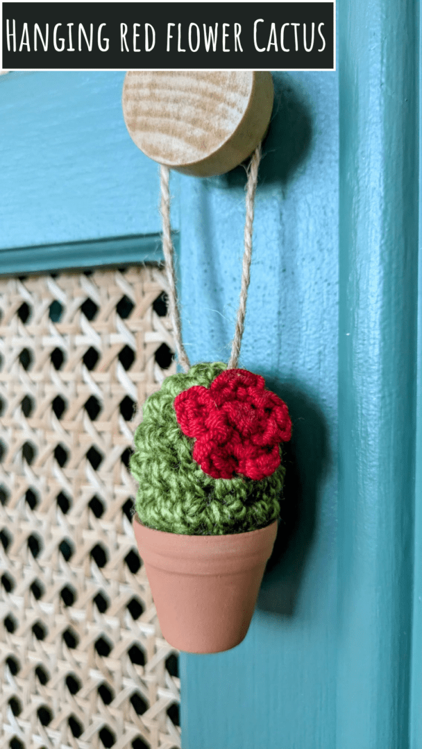 Hanging Red Flower Crochet Cactus in a Terracotta Pot