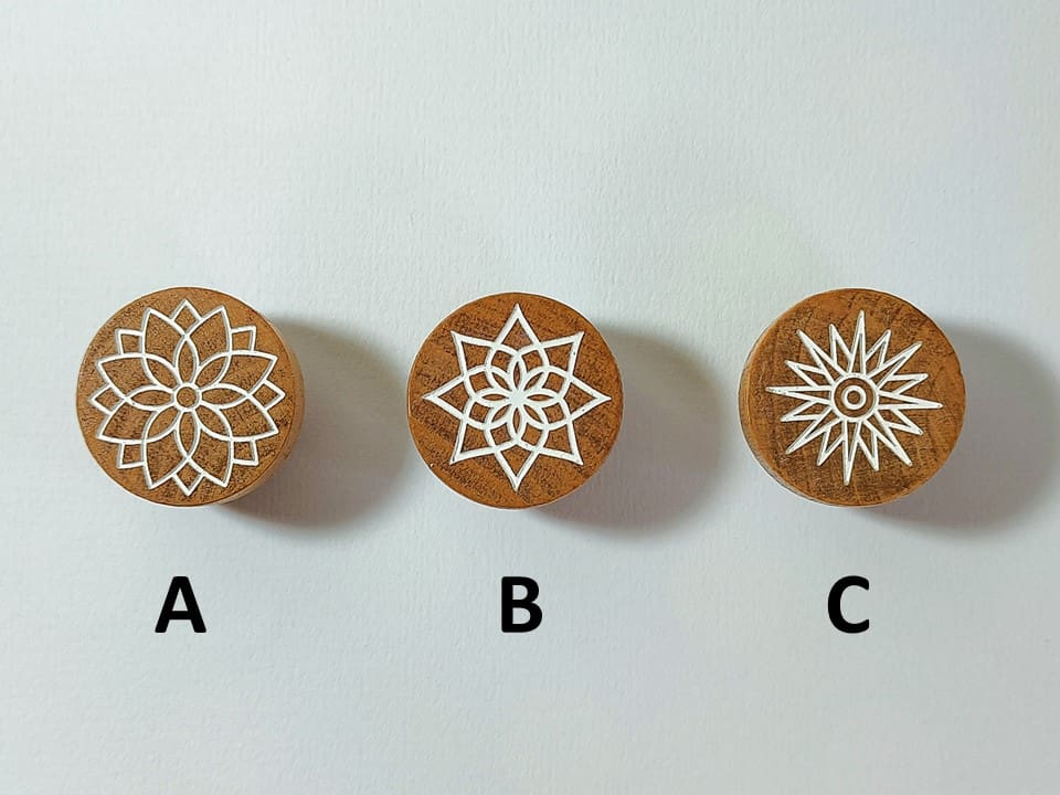 Wooden Mandala Furniture Knobs Showing the Three Design Choices - A, B or C