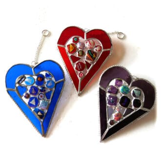 Abstract stained glass dichroic nugget heart suncatcher red purple blue handmade British