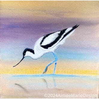 A beautiful avocet bird original painting on a background of calming colours - purples,yellows and blues. Acrylic on a square canvas 19 x 19 cm.