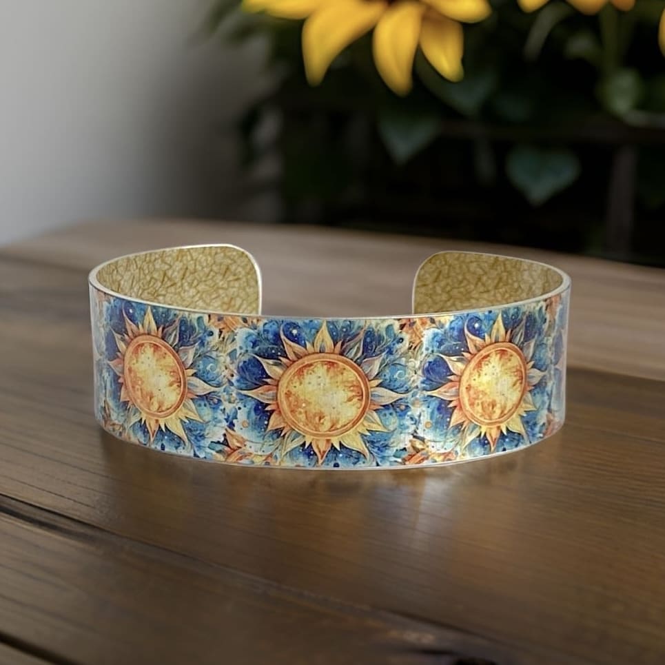 Sun, jewellery, bracelet, bangle, solstice, summer, pretty, adjustable, metal, aluminium, handmade uk, unique, gift, artistic, nature,