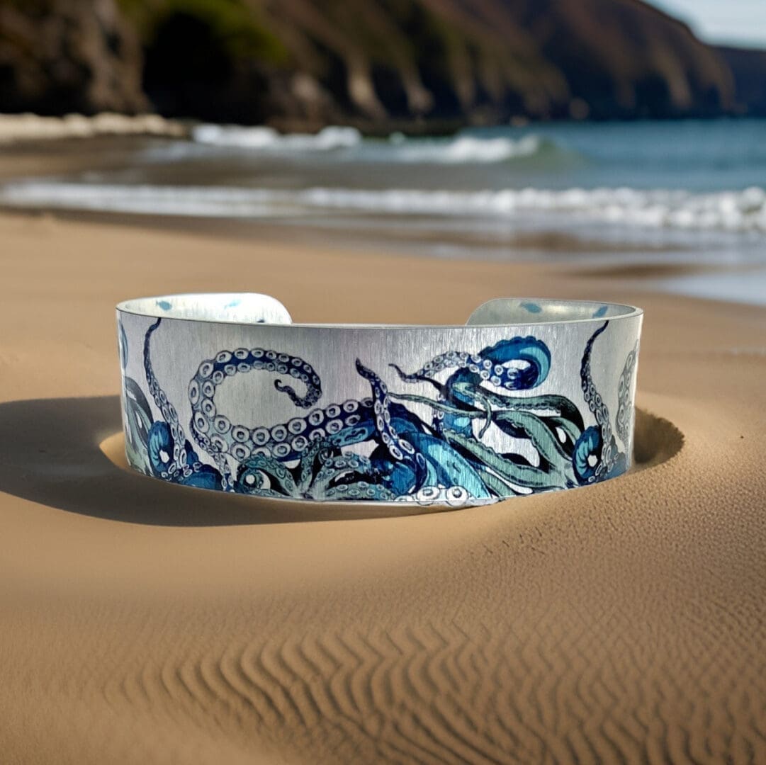 Octopus, bangle, bracelet, small, medium, wrist, unique, original, artistic, handmade UK, sea animals, blue, silver.