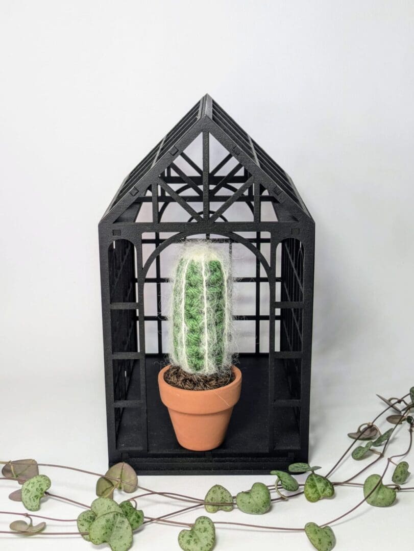 Black Decorative Laser Cut Greenhouse with Crochet Striped Cactus