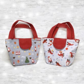 2 designs of childs toy tote bags featuring Christmas gnomes