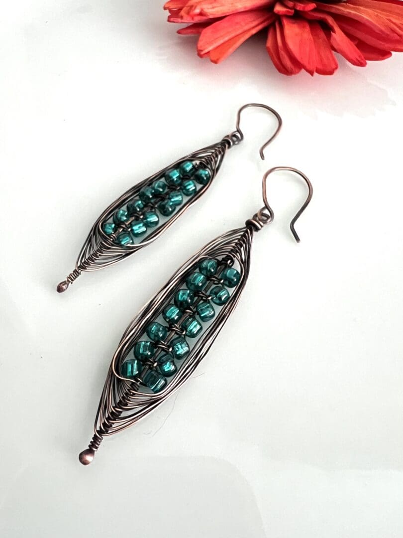 Copper Macrame Earrings with Sea Blue Lustre Bead