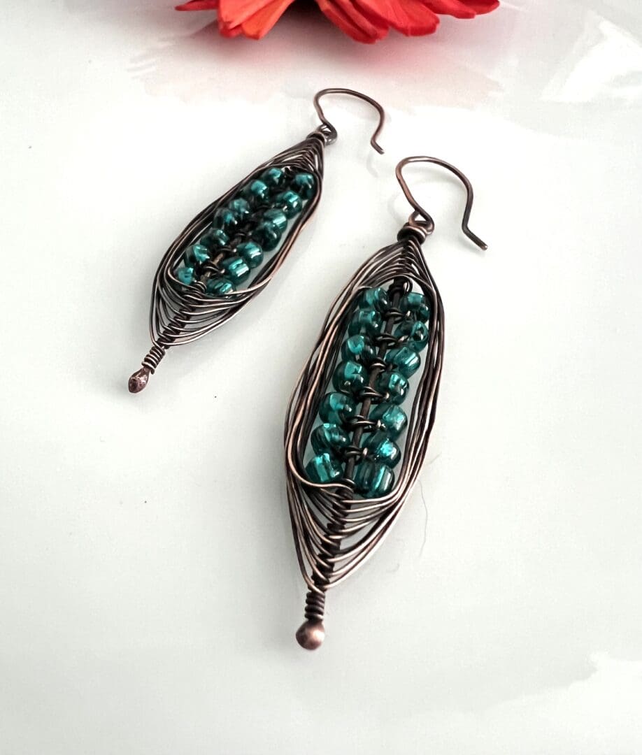 Copper Macrame Earrings with Sea Blue Lustre Bead