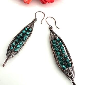 Copper Macrame Earrings with Sea Blue Lustre Bead