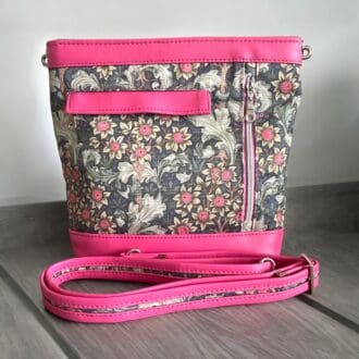 medium crossbody bag in William Morris style canvas with deep pink faux leather trim