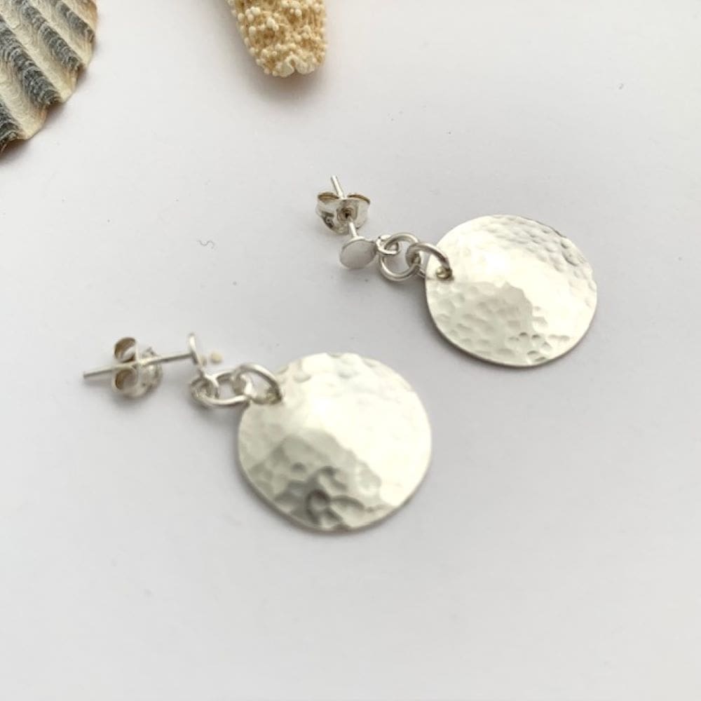 Dimpled Hammered Sterling Silver Disc Drop Earrings