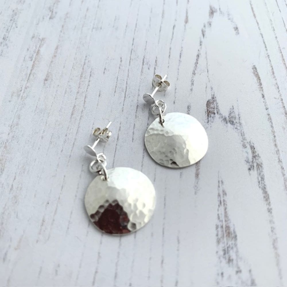 Domed Hammered Sterling Silver Drop Circle Earrings