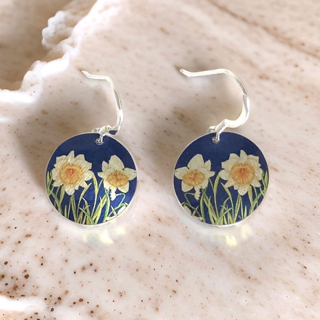 daffodil, spring, flowers, earrings, drop, round, steering silver, handmade, small, uk