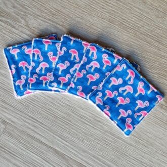 Set of 5 reusable face wipes with a flamingo print cotton fabric and bamboo towelling.