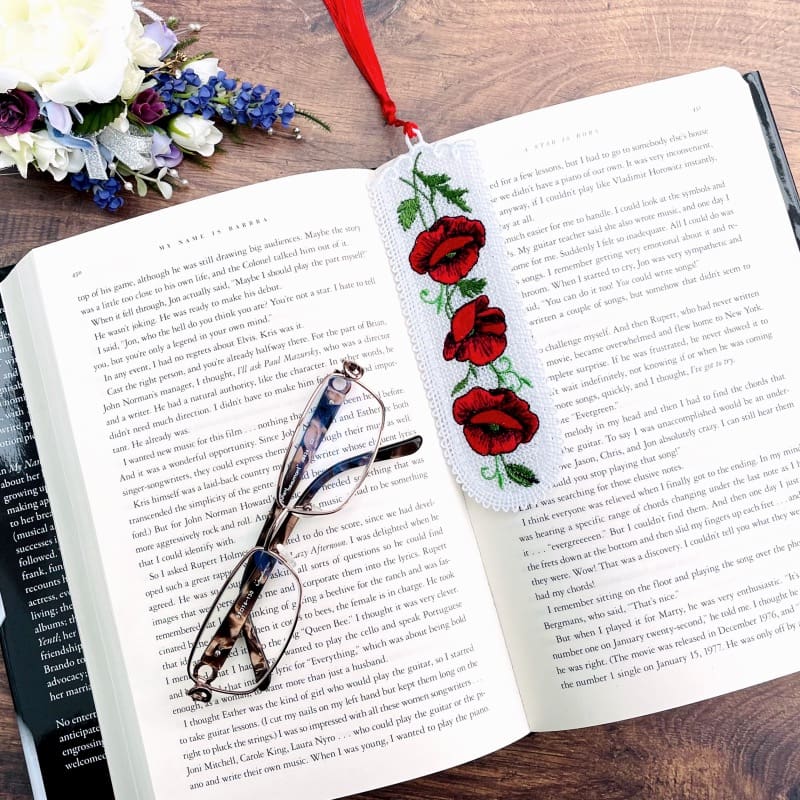 Free Standing Lace Embroidered Poppy Bookmark Gift