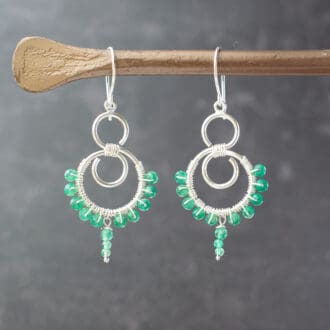 Silver Dangle Earrings with green gemstone beads wire wrapped around lower hoop