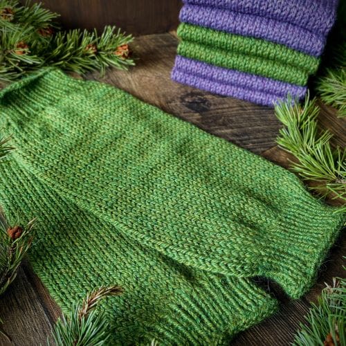 Hand knit chunky leg warmers in bright ripe olive green pure alpaca yarn