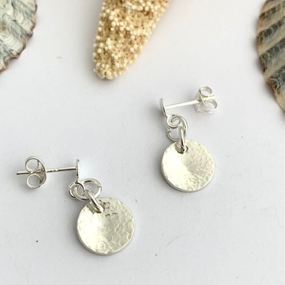 Hammered Small- Disc Sterling Silver Drop Earrings