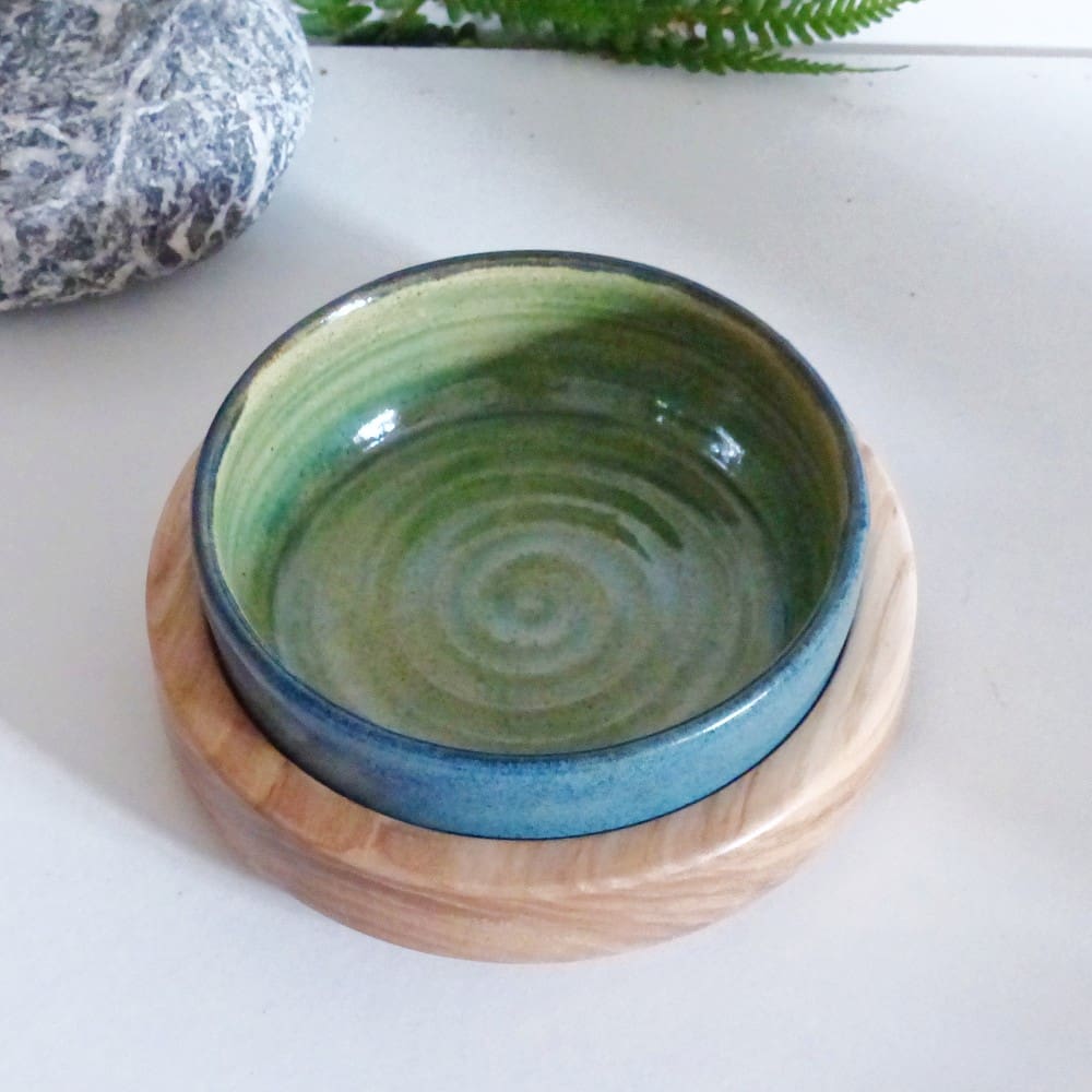 Handmade Ceramic Dish and Wood Turned Trivet