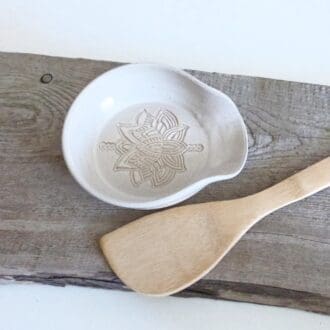 Ceramic Handmade White Spoon Rest with Lotus Design