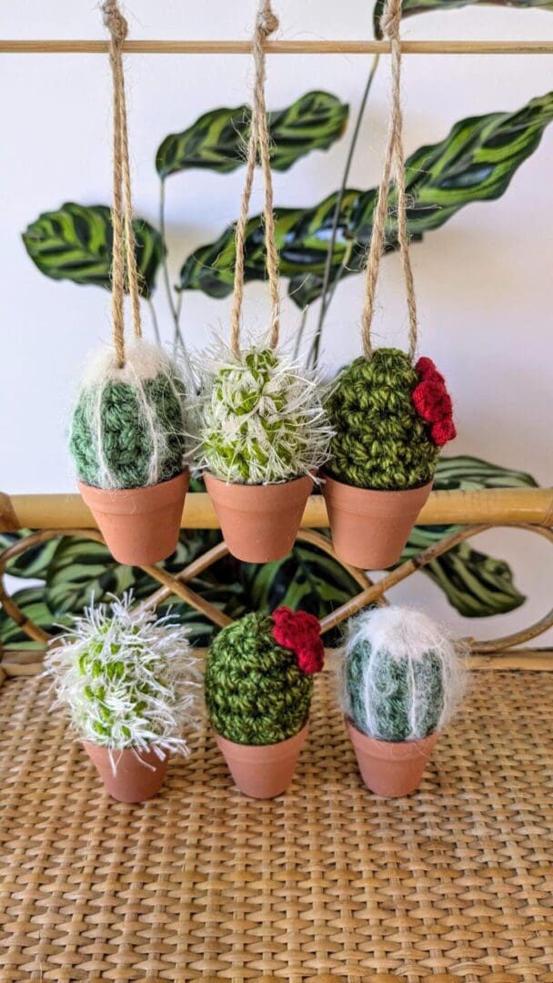 Set of Three Mini Hanging and Freestanding Crochet Cacti