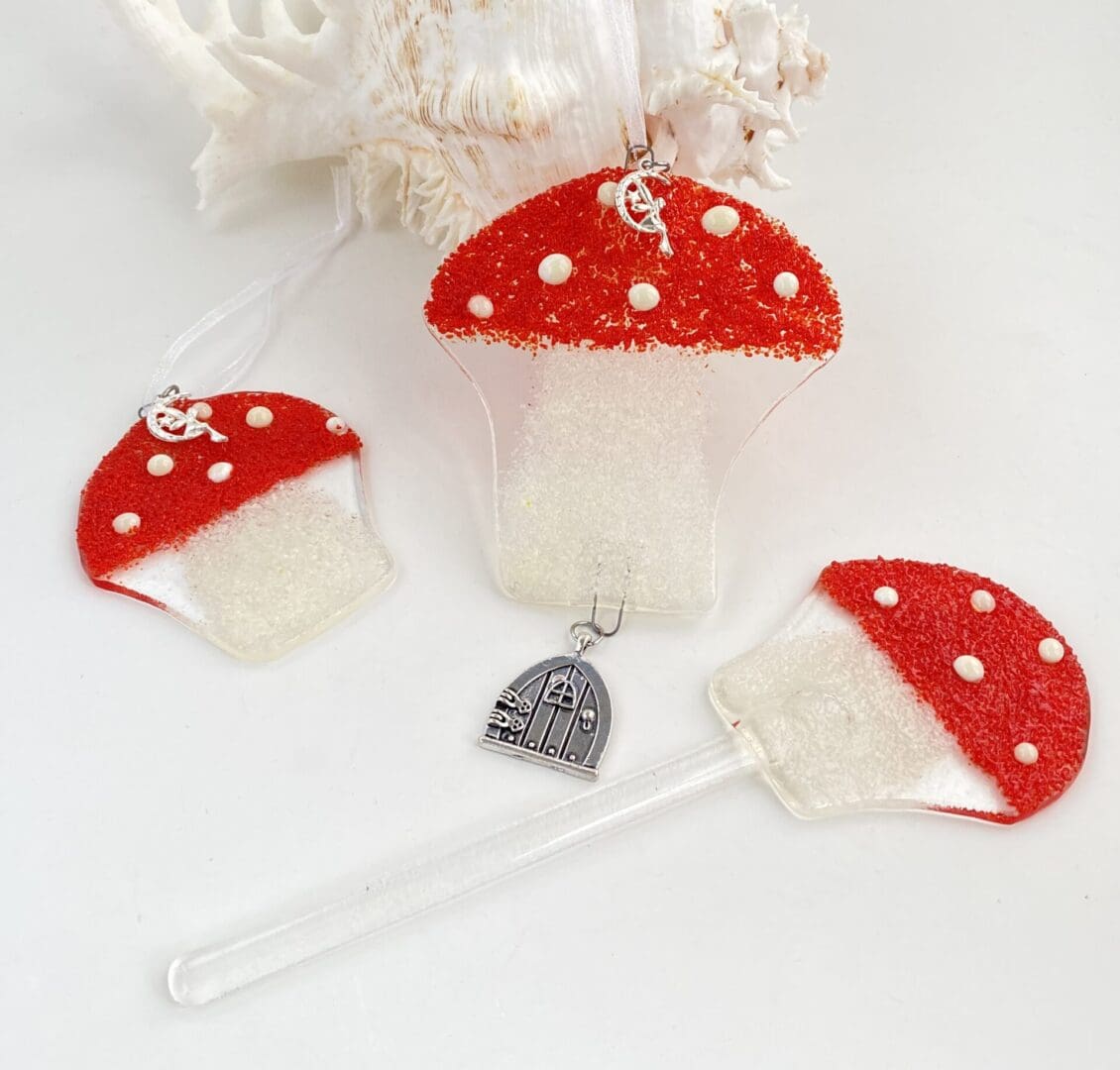 Fused glass toadstool sun catcher or plant stake