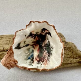 Decoupaged shell with lurcher head