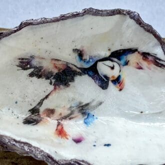 Puffin in flight decoupaged shell