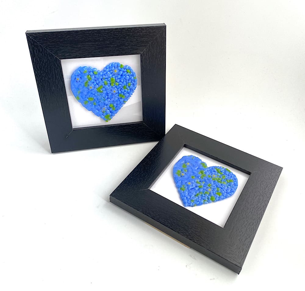 Fused glass forget me not heart frame