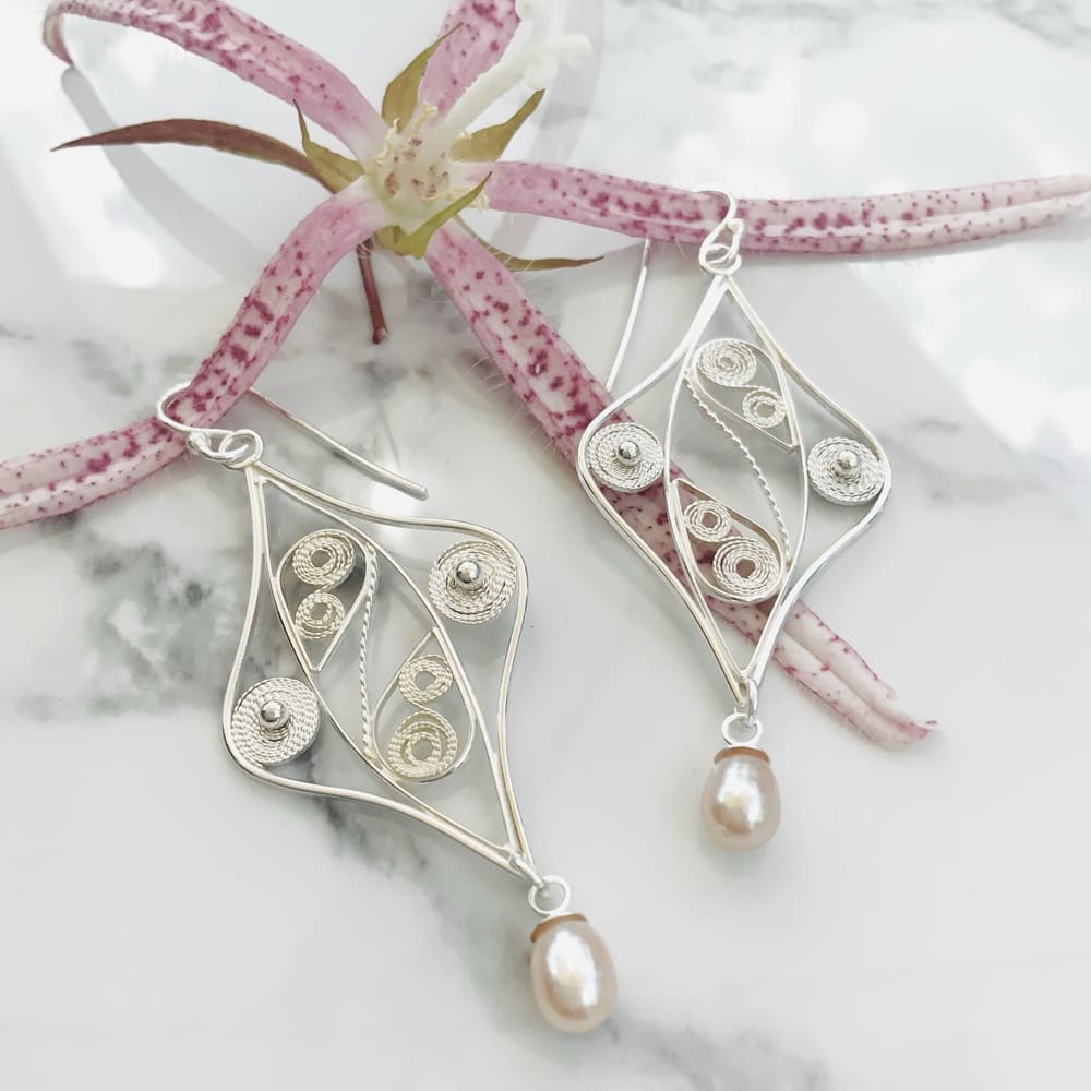 Pearl wedding anniversary gift contemporary filigree silver earrings