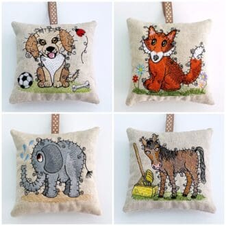 Raggy Animals Embroidered Lavender Bags Collage 2