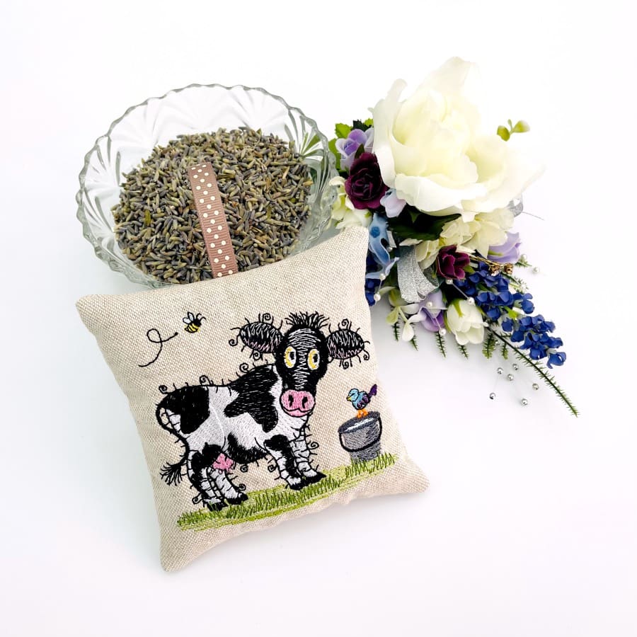 Raggy Black and White Cow Embroidered Lavender bag