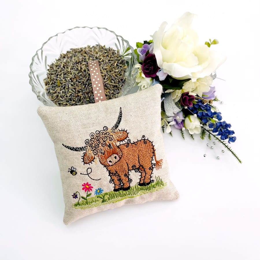 Raggy Highland Cow Embroidered Lavender bag