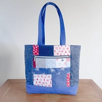 Red white and blue patchwork tote bag