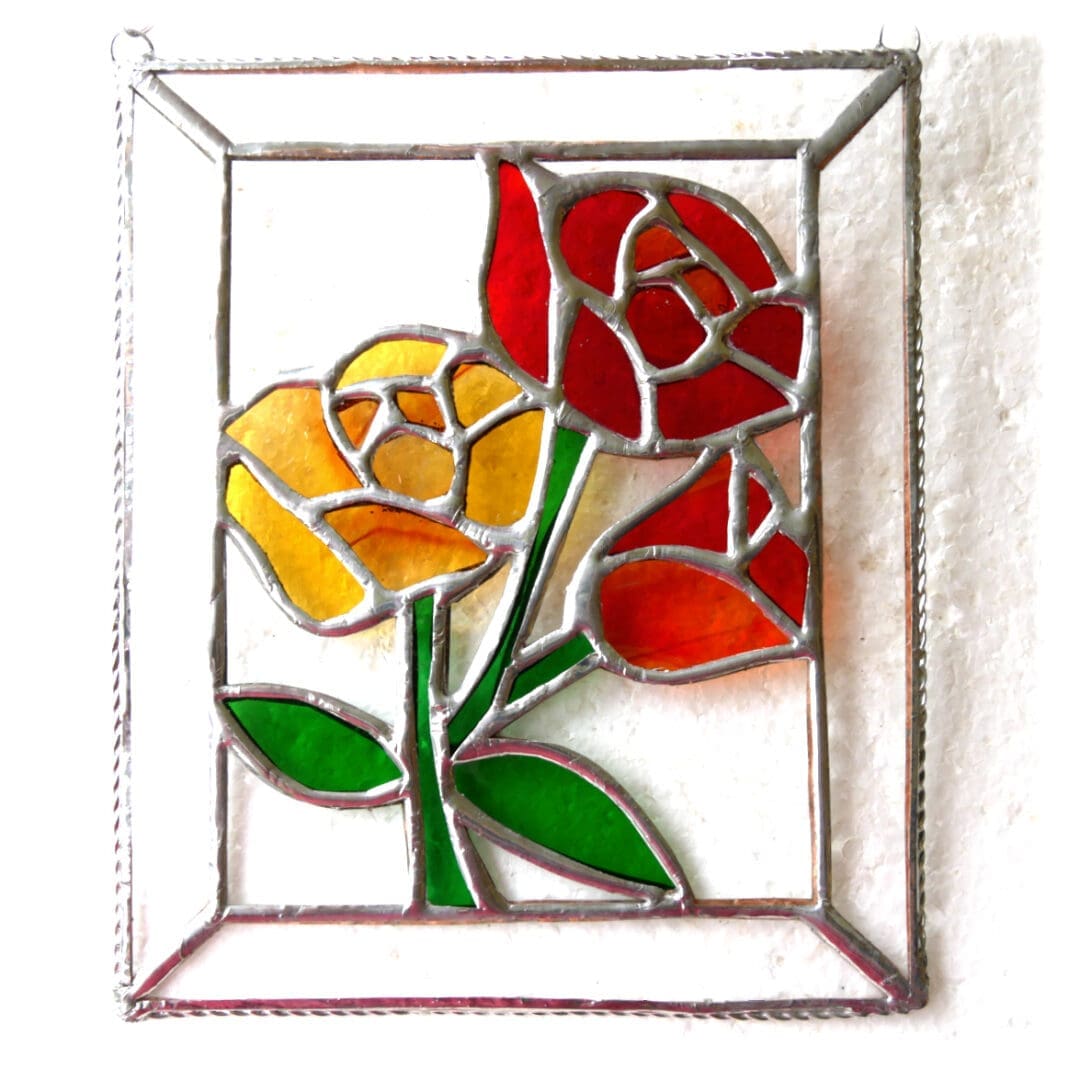 rose framed stained glass picture suncatcher red amber joysofglass art
